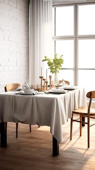 A table with a white tablecloth and a vase of flowers in the center. The table is set for a meal with a variety of dishes and utensils. The room is well-lit and has a warm, inviting atmosphere