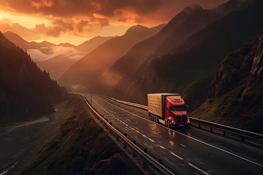 A red semi truck is driving down a mountain road at sunset. The road is narrow and winding, with a beautiful view of the mountains in the background. The sky is filled with orange and pink hues