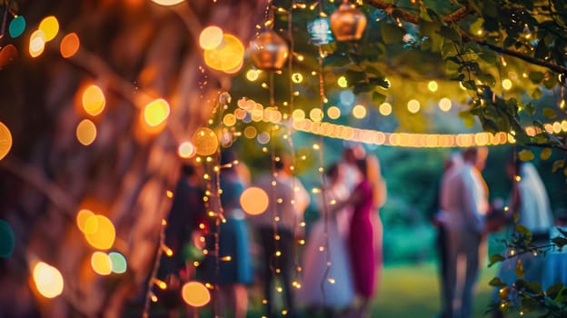 Outdoor wedding reception, warm glow of the lights creates a magical atmosphere as guests gather, the background is slightly blurred, joyful ambiance of the celebration, romantic and festive evening wedding celebration