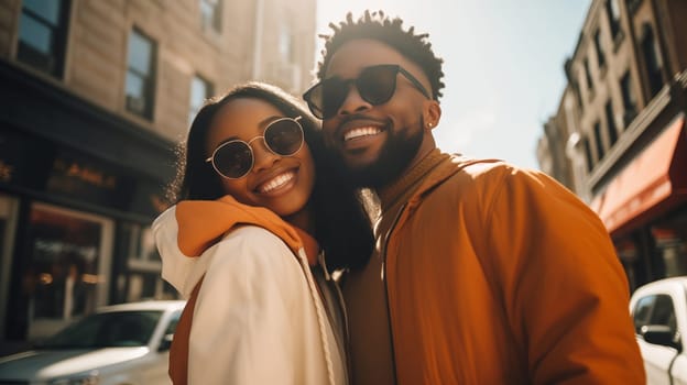 Lifestyle portrait of happy smiling young black couple enjoys a summer walk in sunny city, modern stylish african woman and man