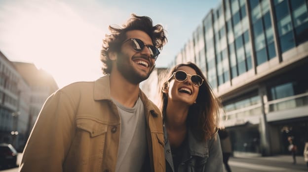 Lifestyle portrait of happy smiling young couple together enjoys a summer walk in sunny city, cheerful woman and man tourists in glasses