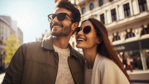 Lifestyle portrait of happy smiling young couple together enjoys a summer walk in sunny city, cheerful woman and man tourists in glasses