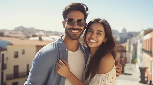 Lifestyle portrait of happy smiling young couple together enjoys a summer walk in sunny city, cheerful woman and man tourists in glasses