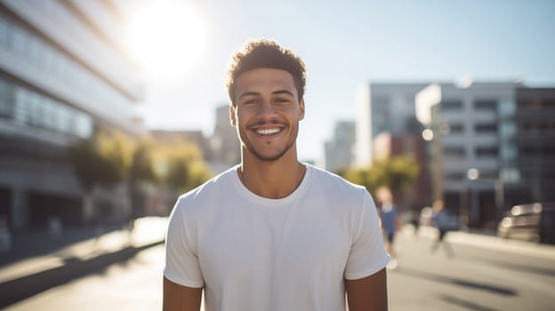 Portrait of happy smiling handsome young man standing in summer sunny city, male model in white t-shirt on city street