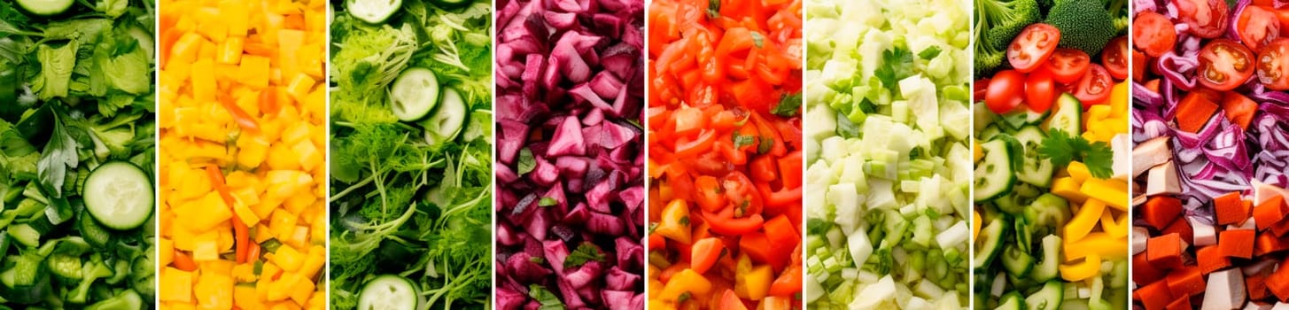 many different photos of vegetable salads are vertically arranged in a row collage of photos. Generative AI,