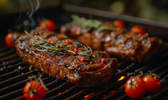 Pieces of meat cooked on the grill. Selective focus