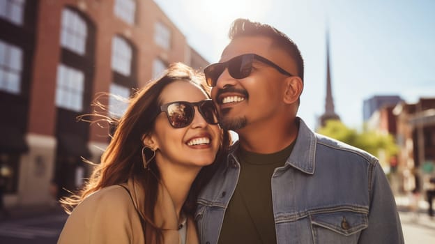 Lifestyle portrait of happy smiling young couple together enjoys a summer walk in sunny city, cheerful woman and man tourists in glasses