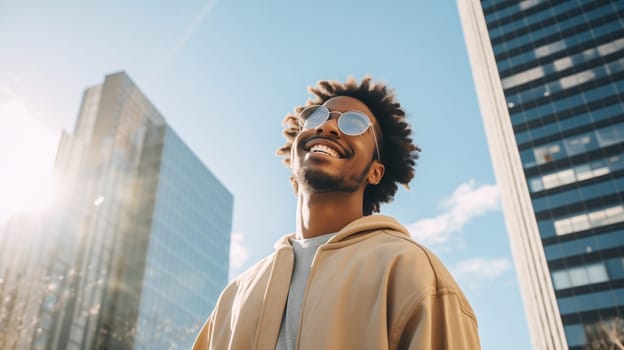Fashionable portrait of inspired stylish happy laughing black American young man standing in summer sunny city