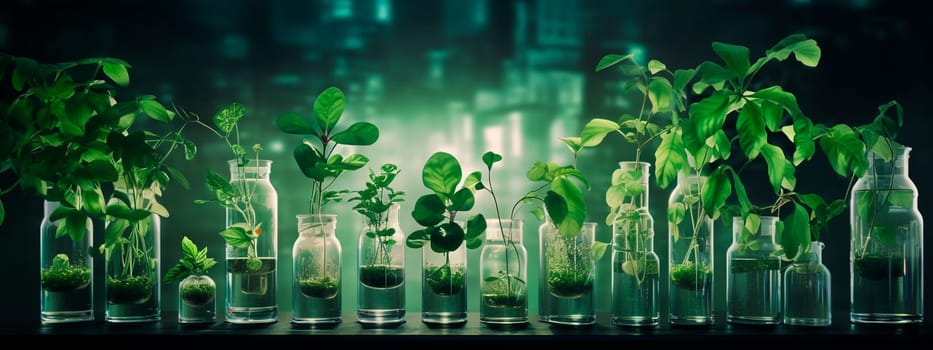 Plants in test tubes in the laboratory. Generative AI, nature.