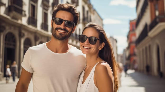 Lifestyle portrait of happy smiling young couple together enjoys a summer walk in sunny city, cheerful woman and man tourists in glasses