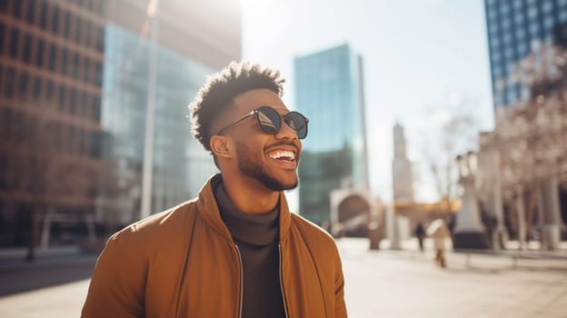 Fashionable portrait of inspired stylish happy laughing black American young man standing in summer sunny city