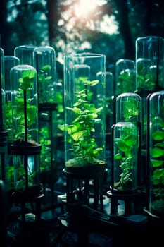 Plants in test tubes in the laboratory. Generative AI, nature.