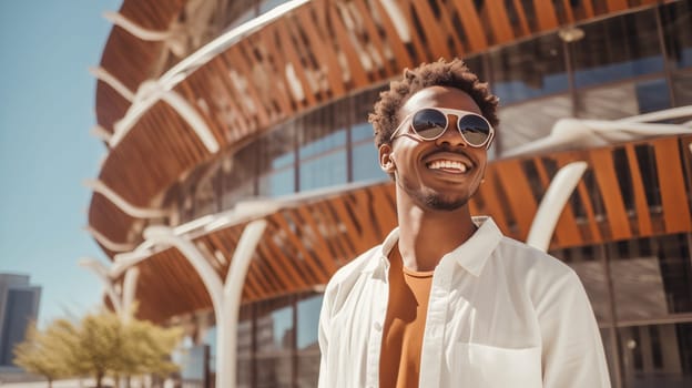 Fashionable portrait of inspired stylish happy laughing black American young man standing in summer sunny city