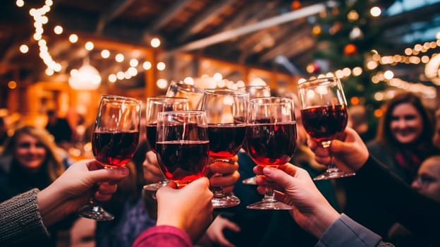 People at the Christmas market with mulled wine in their hands. Generative AI, Drink.