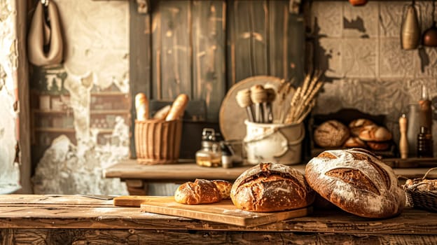 Bakery with freshly baked bread, variety of bread loaves, rolls, and baguettes displayed in baskets and on wooden shelves in the English countryside village