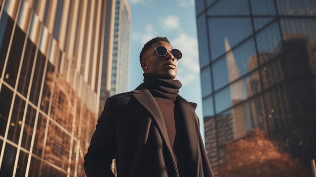 Fashionable portrait of stylish black American young man wearing trendy clothes posing on city street and looking away