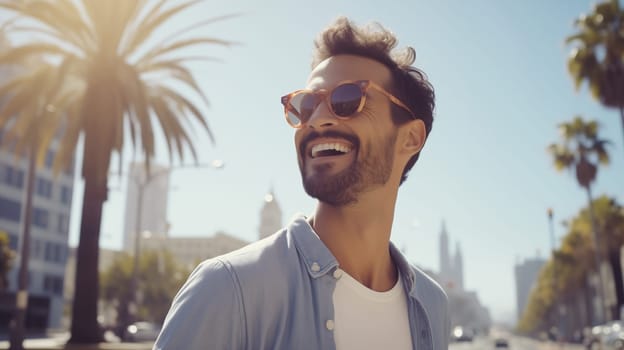 Portrait of happy bearded handsome young man in glasses standing in summer sunny city, male model smiling enjoys urban walk