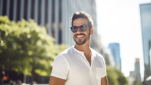 Portrait of happy bearded handsome young man in glasses standing in summer sunny city, male model smiling enjoys urban walk