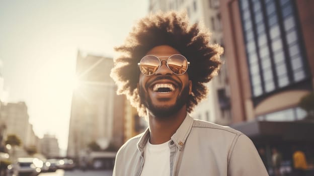 Fashionable portrait of stylish happy laughing black American young man standing in summer sunny city