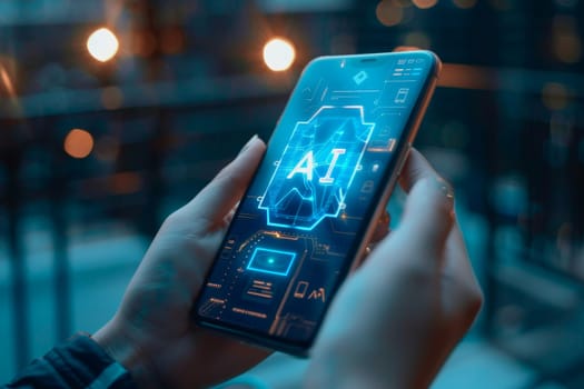 ransparent smartphone display on with AI text to the screen for futuristic technology concepts.