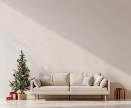 Festive white living room with couch and christmas tree, winter holidays 3d interior design concept