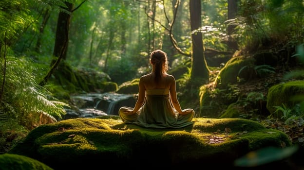 meditation and yoga, in the forest with its natural freshness. Generative AI, Nature.