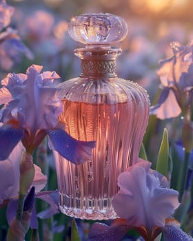 Elegant perfume bottle among iris flowers in vintage style. Selective focus.