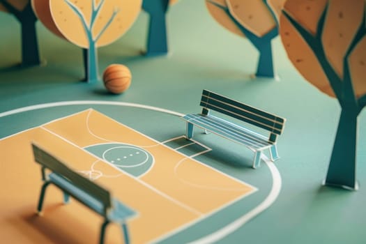 Basketball court scene with bench and trees in background for outdoor recreation and sports activities