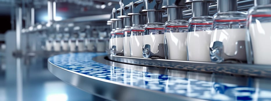 milk tape in the food industry, products ready for automatic packaging. Concept with automated food production. Generative AI, Food.