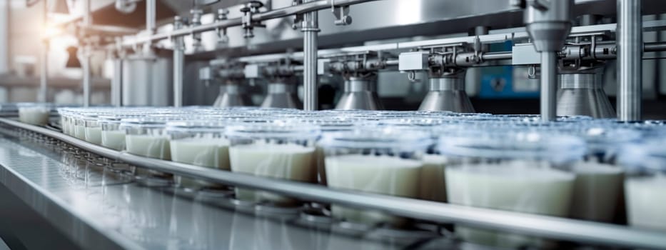 milk tape in the food industry, products ready for automatic packaging. Concept with automated food production. Generative AI, Food.