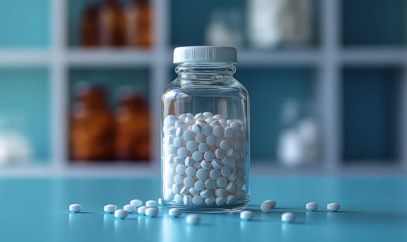 White pills in a glass jar on a blue background. Selective focus.