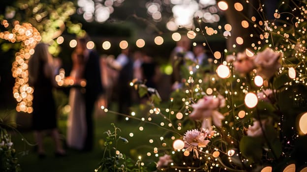 Outdoor wedding reception, warm glow of the lights creates a magical atmosphere as guests gather, the background is slightly blurred, joyful ambiance of the celebration, romantic and festive evening wedding celebration