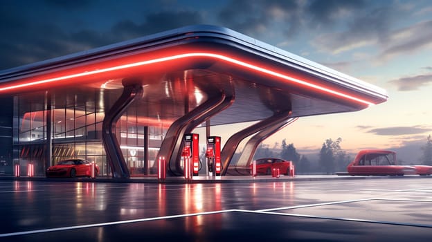 Modern gas station for cars. Generative AI, sky.