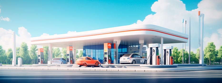 Modern gas station for cars. Generative AI, sky.