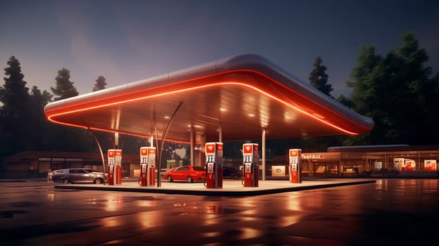 Modern gas station for cars. Generative AI, sky.