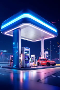 Modern gas station for cars. Generative AI, sky.