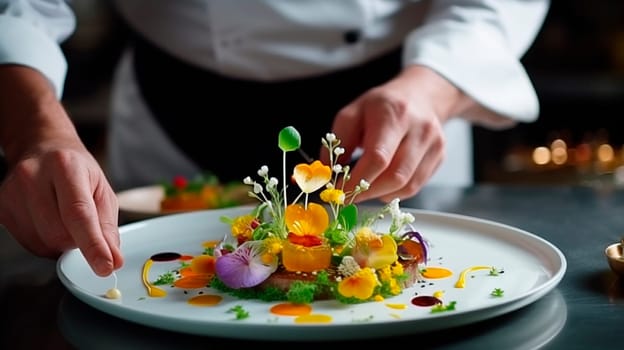 The chef decorates the dish with herbs and flowers. Generative AI, Food.