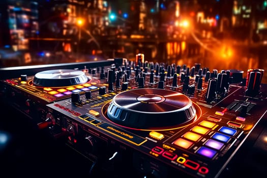 A set of DJ equipment stands against a vibrant orange backdrop, radiating energy and setting the stage for an electrifying performance.