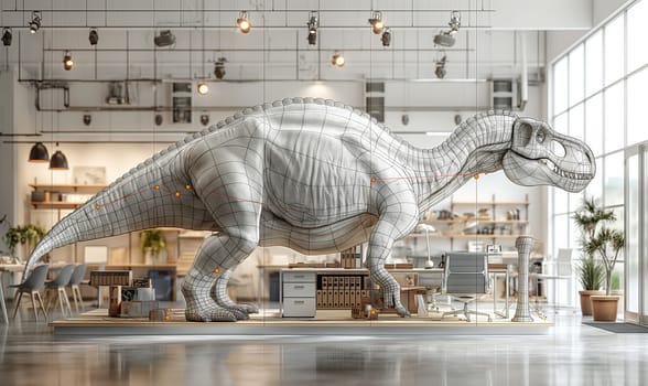 Holographic Dinosaur Display in Modern Living Room. Selective focus