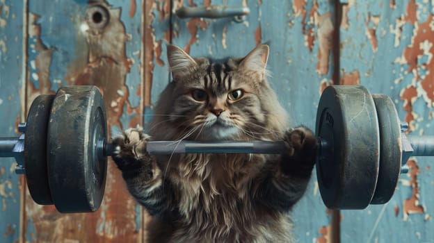 A cat is holding a dumbbell in its paws.