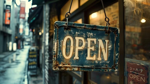 A sign hanging from a window that says open.