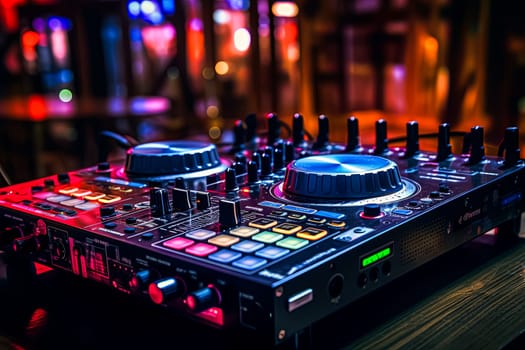 A set of DJ equipment stands against a vibrant orange backdrop, radiating energy and setting the stage for an electrifying performance.