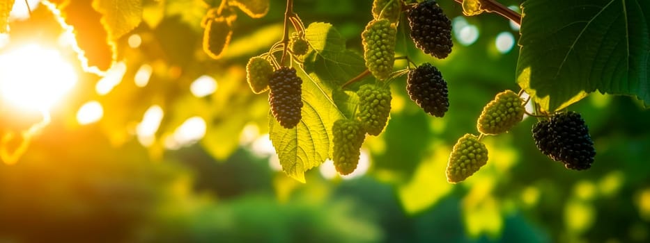 Mulberry grows on a tree in the harvest garden. Generative Ai, Food.