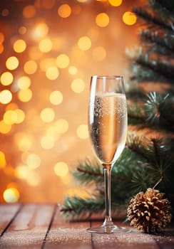 Glass of champagne on a Christmas background. Generative AI, Food.