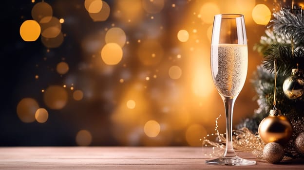 Glass of champagne on a Christmas background. Generative AI, Food.