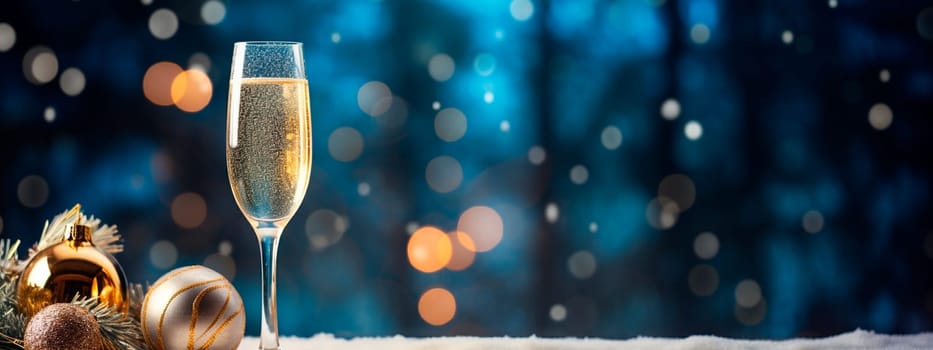 Glass of champagne on a Christmas background. Generative AI, Food.