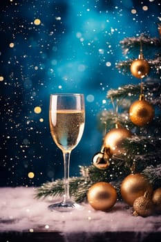 Glass of champagne on a Christmas background. Generative AI, Food.