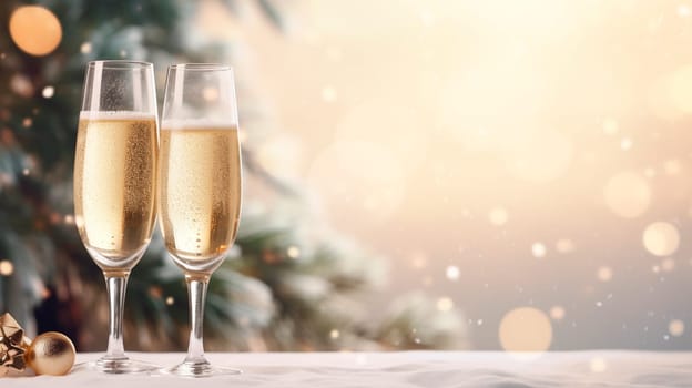 Glass of champagne on a Christmas background. Generative AI, Food.