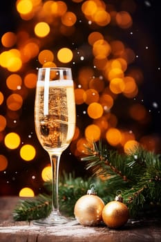 Glass of champagne on a Christmas background. Generative AI, Food.