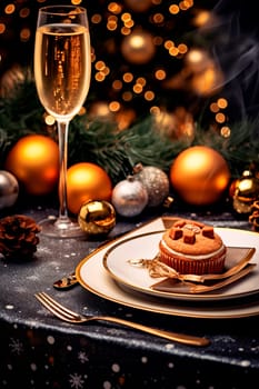 Glass of champagne on a Christmas background. Generative AI, Food.